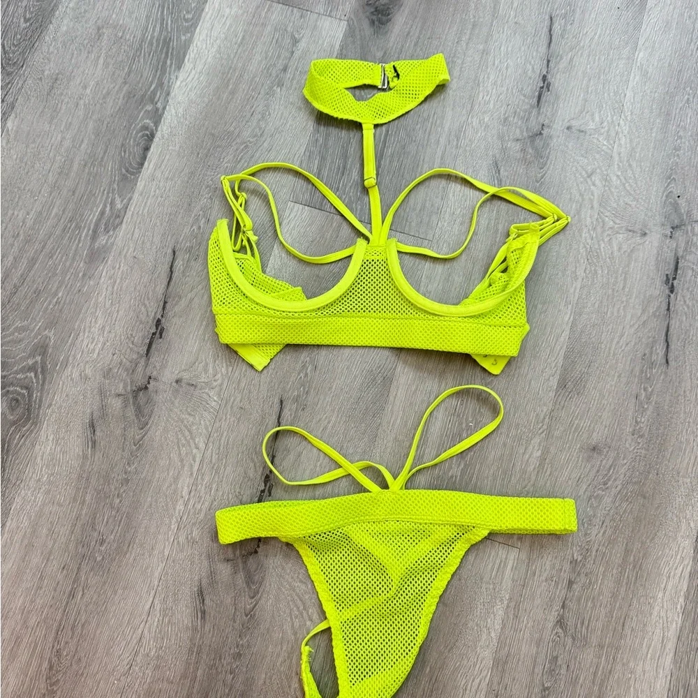 Neon Yellow Mesh Bikini Set - Picture 1 of 5